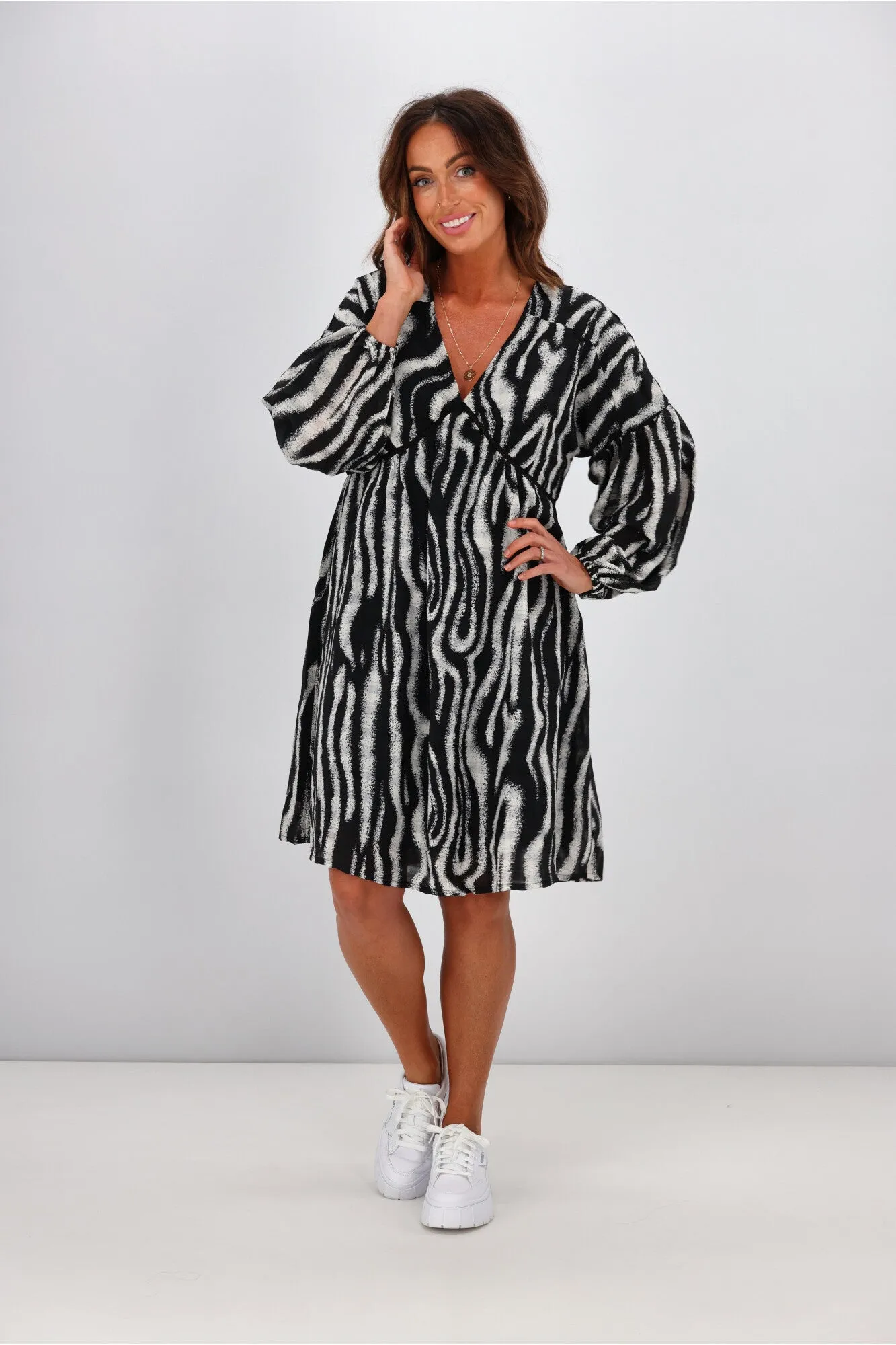 Gloss by Shine On Nerida Empire Dress Speckle Zebra Print
