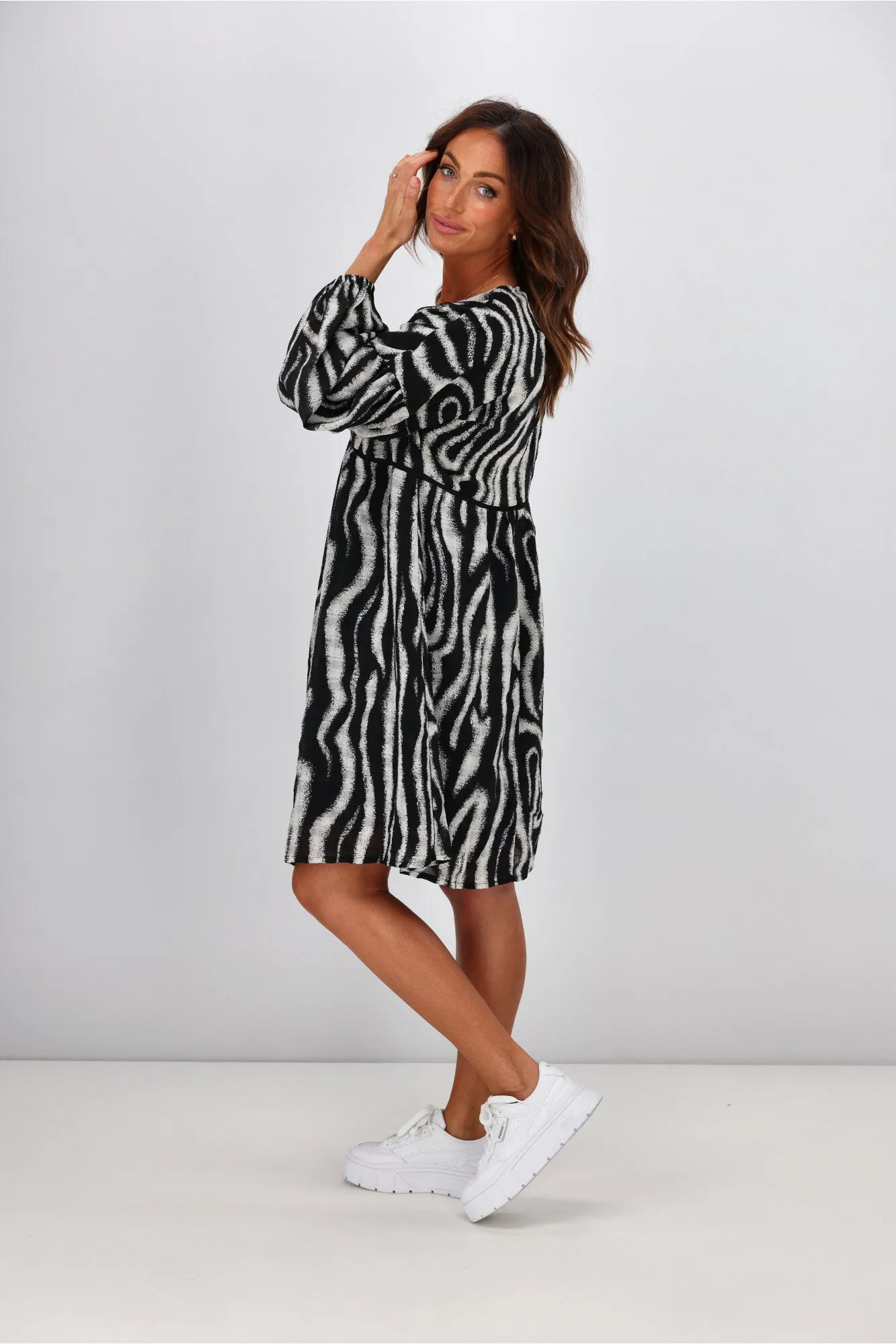 Gloss by Shine On Nerida Empire Dress Speckle Zebra Print