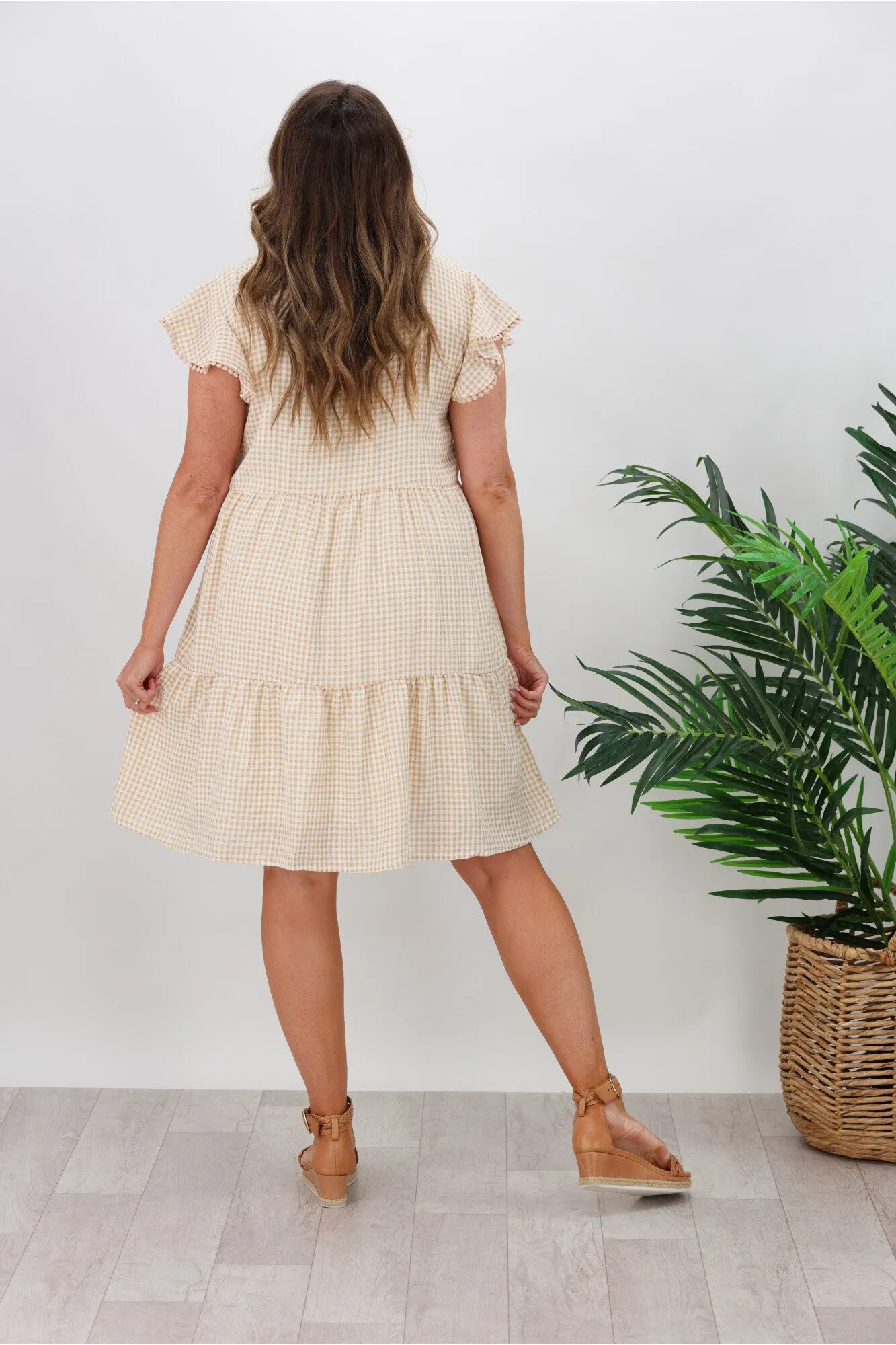 Miracle Lace Trim Gingham Ruffle Dress Latte
