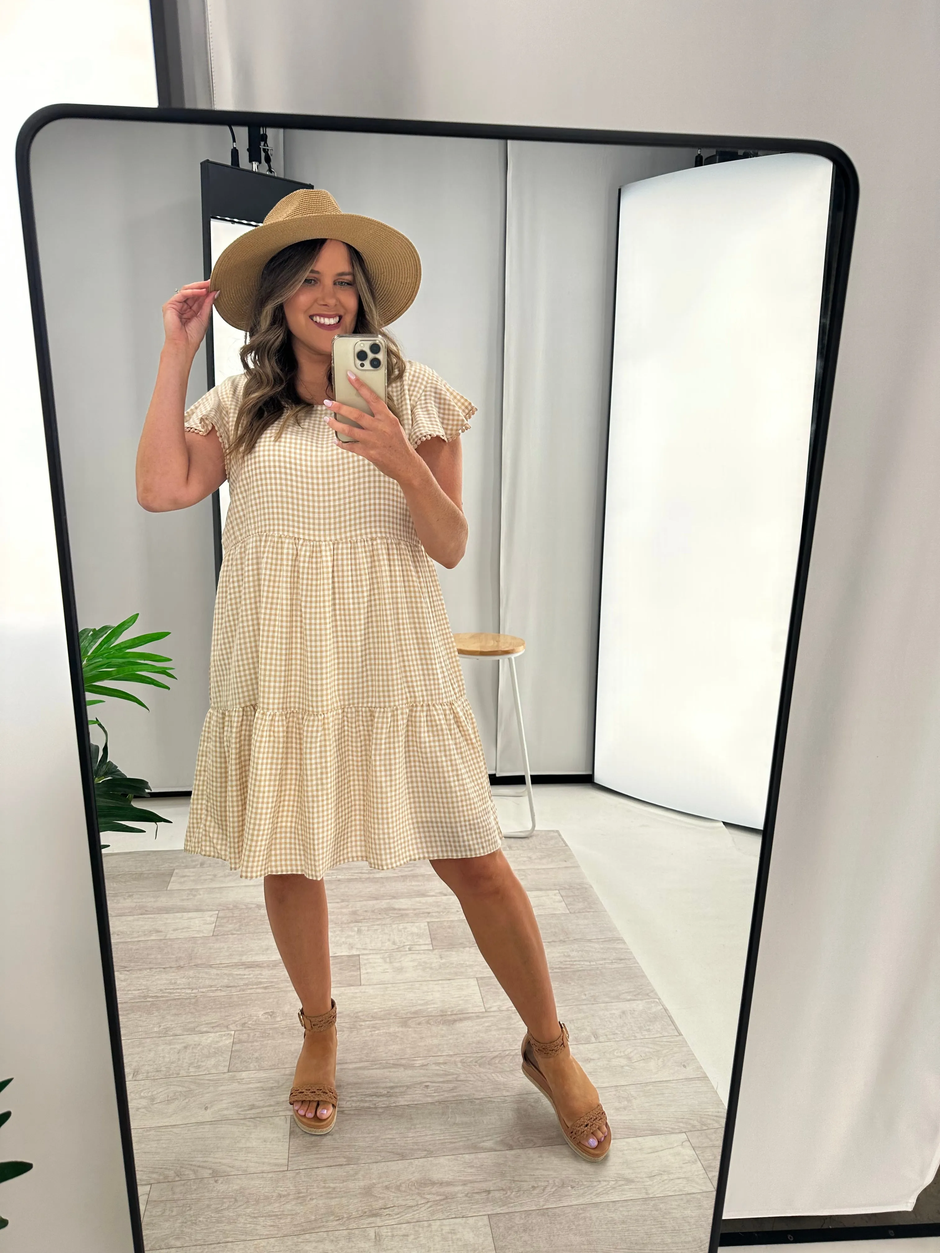 Miracle Lace Trim Gingham Ruffle Dress Latte