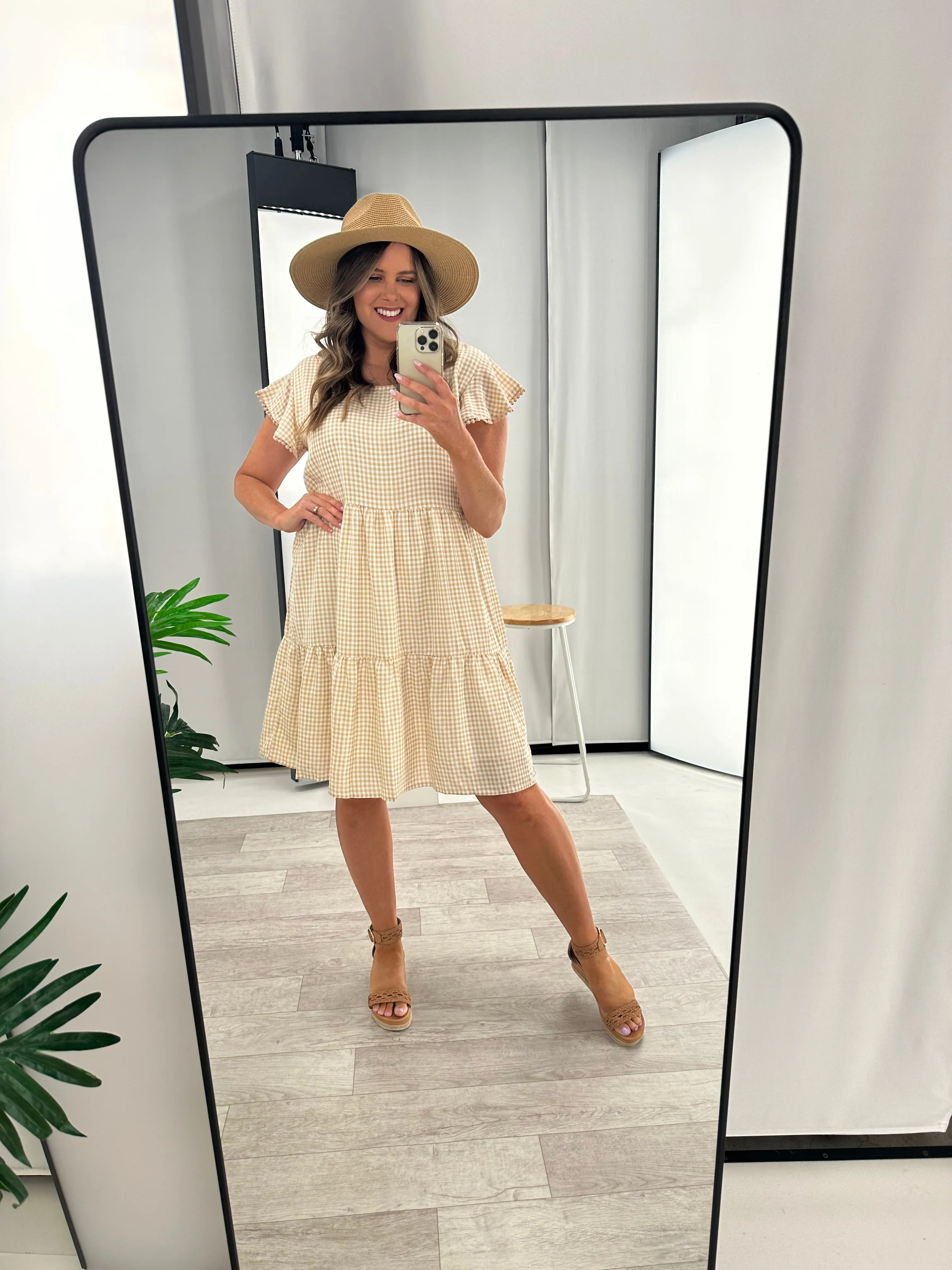 Miracle Lace Trim Gingham Ruffle Dress Latte