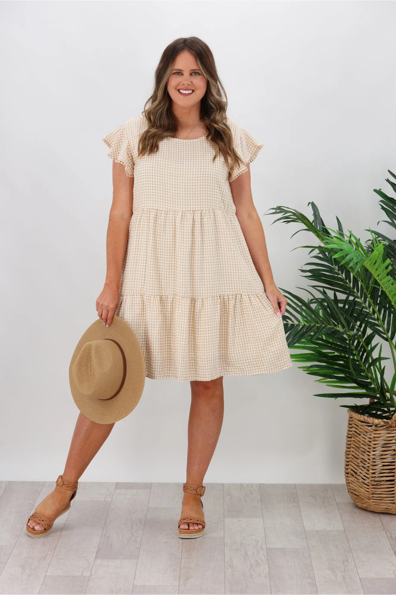 Miracle Lace Trim Gingham Ruffle Dress Latte