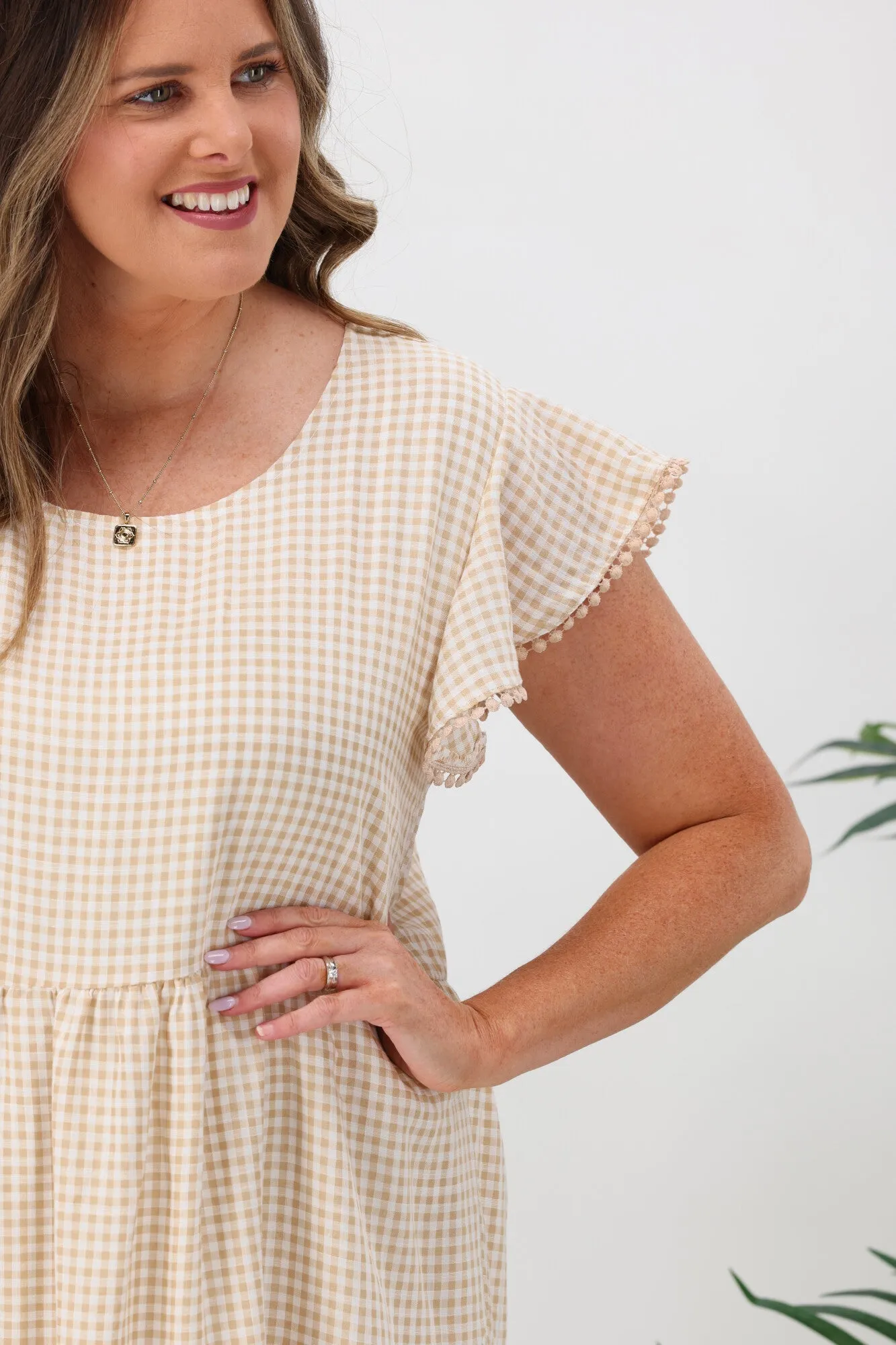 Miracle Lace Trim Gingham Ruffle Dress Latte
