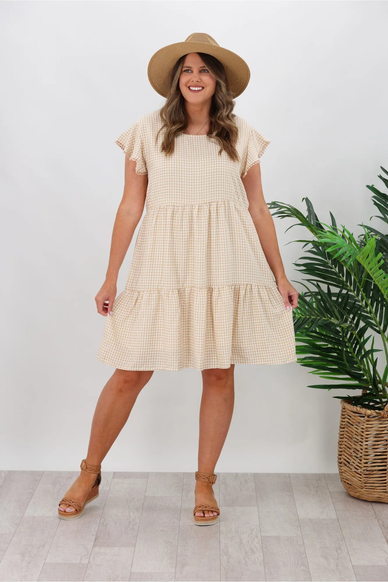 Miracle Lace Trim Gingham Ruffle Dress Latte