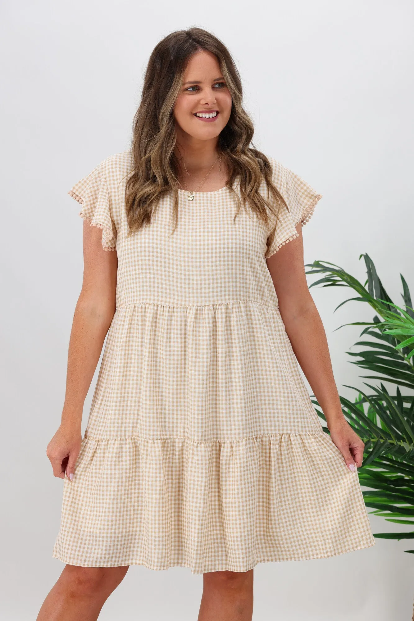 Miracle Lace Trim Gingham Ruffle Dress Latte